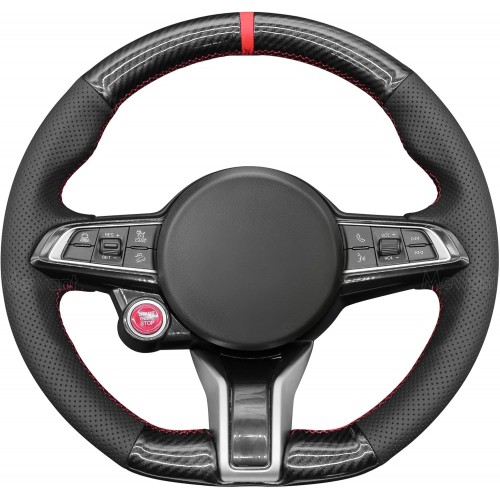 Loncky Black Genuine Leather Steering Wheel Cover for Alfa Romeo Giulia Quadrifoglio 2020-2022 / Stelvio Quadrifoglio2020-2022 Car Interior Accessories