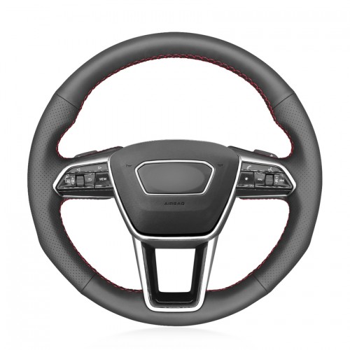 Loncky Auto Custom Fit OEM Black Genuine Leather Car Steering Wheel Cover for Audi A6 (C8) Avant Allroad 2018-2019 A7 (K8) 2018-2019 S7 2019 Accessories