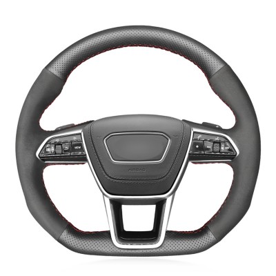 Loncky Auto Custom Fit OEM Black Genuine Leather Suede Car Steering Wheel Cover for Audi A6 (C8) Saloon 2018-2019 / A6 Avant 2018-2019 / A6 Allroad 2019 A7 (K8) Sportback (Coupe) 2018-2019 S6 (C8) Saloon 2019 / S6 Avant 2019 S7 (K8) Sportback (Coupe) 2019