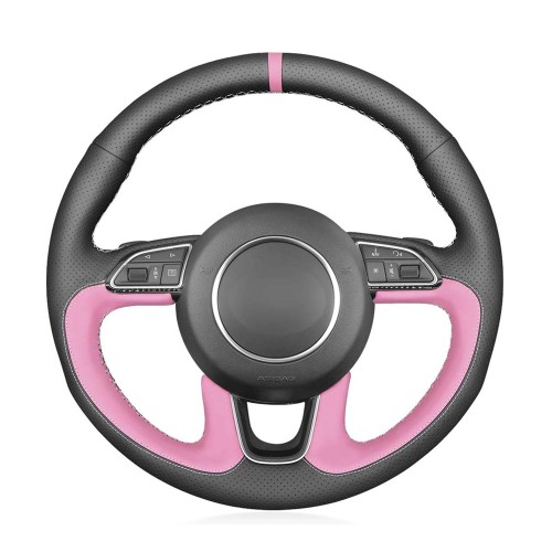 Loncky Auto Custom Fit OEM Black Genuine Leather Pink Car Steering Wheel Cover for Audi Q3 (8U) 2011-2018 Q5 (8R) 2012-2017 Q7 (4L) 2011-2015 SQ5 (8R) Accessories