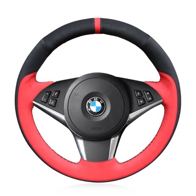 Loncky Auto Custom Fit OEM Black Red Suede Leather Car Steering Wheel Cover for BMW E60 530d 545i 550i E61 Touring 2005-2009 BMW E63 E64 630i 645Ci 650i 2004 2005 2006 2007 2008 2009 Accessories