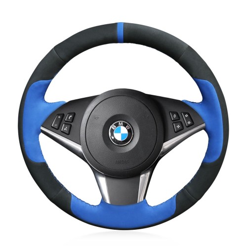 Loncky Auto Custom Fit OEM Black Blue Suede Leather Car Steering Wheel Cover for BMW E60 530d 545i 550i E61 Touring 2005-2009 BMW E63 E64 630i 645Ci 650i 2004 2005 2006 2007 2008 2009 Accessories