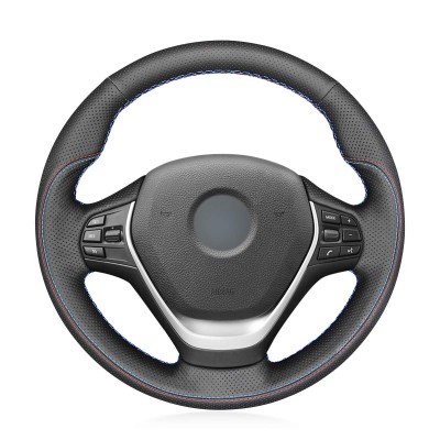 Loncky Auto Custom Fit OEM Black Genuine Leather Car Steering Wheel Cover for BMW 2 Series F22 F23 F45 F46 2014-2019/3 Series F30 F31 F34 F35 2012-2019/4 Series F32 F33 F36 2014-2019 Accessories