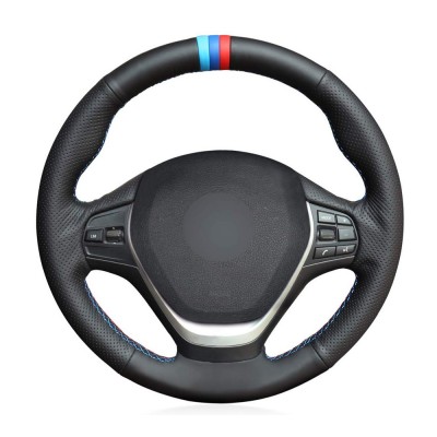 Loncky Auto Custom Fit OEM Black Genuine Leather Car Steering Wheel Cover for BMW 2 Series F22 F23 F45 F46 2014-2019 / BMW 3 Series F30 F31 F34 F35 2012-2019 / BMW 4 Series F32 F33 F36 2014-2019 Accessories
