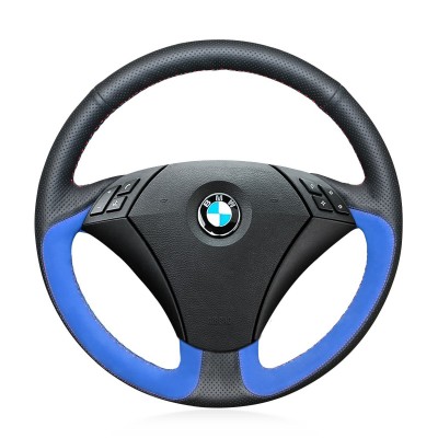 Loncky Auto Custom Fit OEM Black Genuine Leather Blue Suede Car Steering Wheel Cover for BMW 525i 525xi 528i xDrive 528xi 528i 530xiT 530xi 530i 535i xDrive 535xi 535i 545i 550i BMW Alpina B7 Accessories