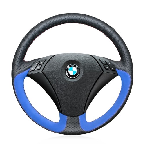 Loncky Auto Custom Fit OEM Black Genuine Leather Blue Suede Car Steering Wheel Cover for BMW 525i 525xi 528i xDrive 528xi 528i 530xiT 530xi 530i 535i xDrive 535xi 535i 545i 550i BMW Alpina B7 Accessories