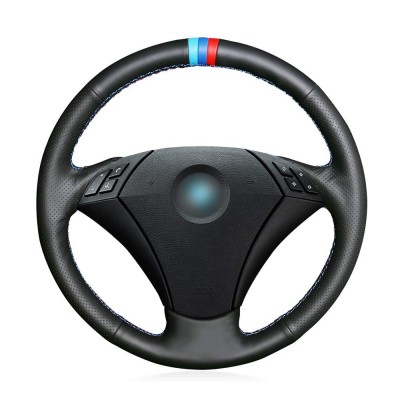 Loncky Auto Custom Fit OEM Black Genuine Leather Car Steering Wheel Cover for BMW 5 Series E60 E61 2004 2005 2006 2007 2008 2009 2010 Accessories 