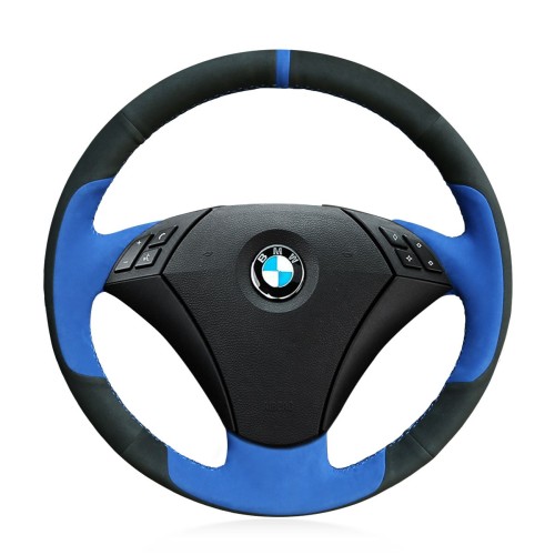 Loncky Auto Custom Fit OEM Black Blue Suede Genuine Leather Car Steering Wheel Cover for BMW 530 523 523li 525 520li 535 545i E60 Accessories