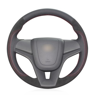 Loncky Auto Custom Fit OEM Black Genuine Leather Black Suede Steering Wheel Covers for Chevy Chevrolet Cruze 2009-2014 Aveo 2011-2014 Orlando 2010-2015 Holden Cruze 2010 Ravon R4 2016-2018 Black Accessories Protector