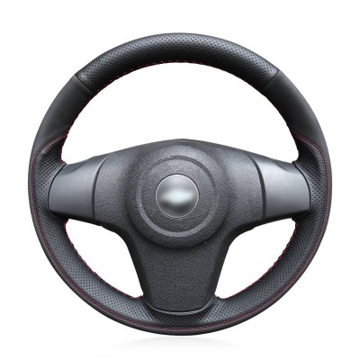 Loncky Auto Custom Fit OEM Black Genuine Leather Black Suede Steering Wheel Covers for Chevrolet Niva 2009-2017 (3-Spoke) for Opel Corsa (D) 2006-2015 for Vauxhall Corsa (D) 2006-2015 (Without bulges)