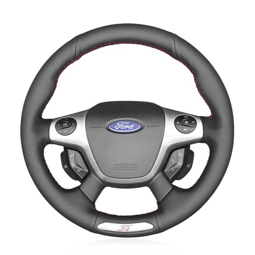 Loncky Auto Custom Fit OEM Black Genuine Leather Car Steering Wheel Cover for Ford Focus 3 ST 2012 2013 2014 Accessories