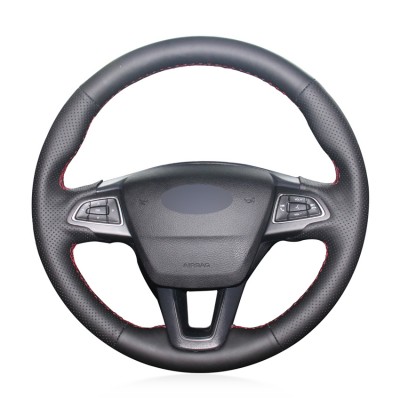 Loncky Auto Custom Fit OEM Black Genuine Leather Steering Wheel Covers for Ford Focus 3 2015-2018 Ford Kuga 2016-2019 Ford Escape 2017-2019 Ford C-MAX 2015-2019 Ford Ecosport 2018-2019 Accessories