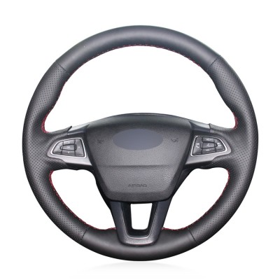 Loncky Auto Custom Fit OEM Black Genuine Leather Steering Wheel Covers for Ford Focus 3 2015-2018 Ford Kuga 2016-2019 Ford Escape 2017-2019 Ford C-MAX 2015-2019 Ford Ecosport 2018-2019 Accessories