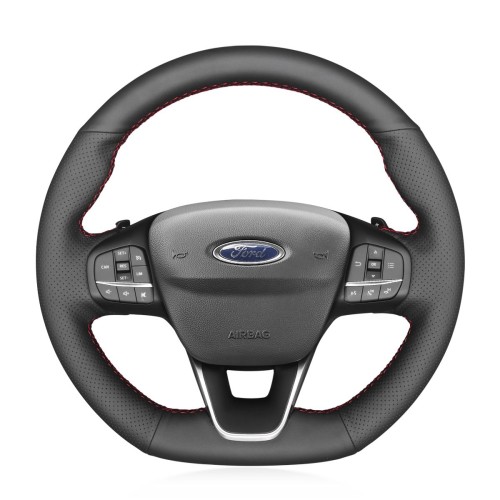 Loncky Auto Custom Fit OEM Black Genuine Leather Car Steering Wheel Cover for Ford Focus ST-Line 2018-2019 Focus ST 2019-2020 Fiesta ST Accessories