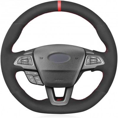 Loncky Custom Fit Hand Stitched OEM Suede Genuine Leather Carbon Fiber Alcantara Car Steering Wheel Cover for Ford Focus ST RS 2015 2016 2017 2018 Focus RS 2015-2018 Interior Accessories 