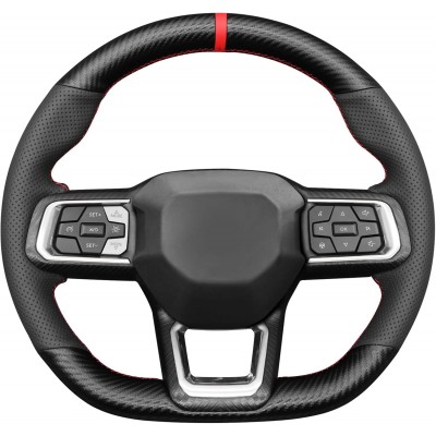 Loncky Steering Wheel Cover for Mustang 2024 Black Genuine Leather Microfiber Leather Carbon Fiber Car Hand Stitched Interior Accessories 
