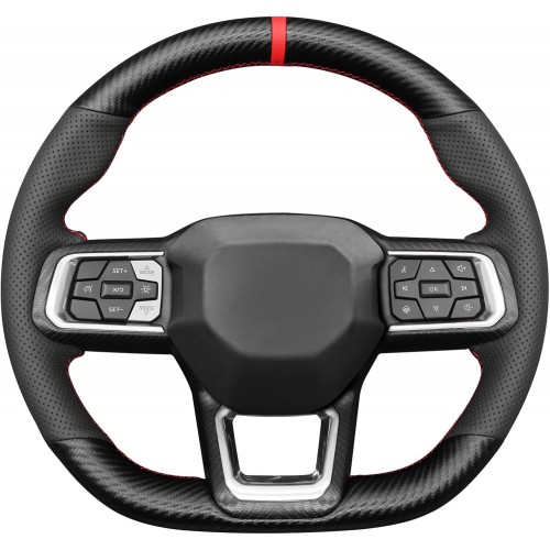 Loncky Steering Wheel Cover for Mustang 2024 Black Genuine Leather Microfiber Leather Carbon Fiber Car Hand Stitched Interior Accessories 
