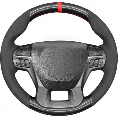 Loncky Auto Custom Fit OEM Steering Wheel Cover for Ford Ranger Raptor 2019 2020 2021 Car Black Genuine Leather Suede Carbon Fiber Interior Hand Stitched Accessories