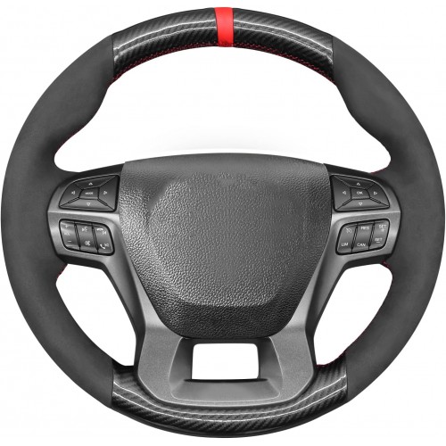 Loncky Auto Custom Fit OEM Steering Wheel Cover for Ford Ranger Raptor 2019 2020 2021 Car Black Genuine Leather Suede Carbon Fiber Interior Hand Stitched Accessories