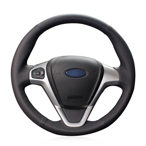 Loncky Auto Custom Fit OEM Black Genuine Leather Steering Wheel Covers for Ford Fiesta 2008 2009 2010 2011 2012 2013 2014 2015 2016 2017 EcoSport 2014-2017 Accessories