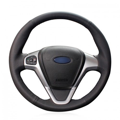 Loncky Auto Custom Fit OEM Black Genuine Leather Steering Wheel Covers for Ford Fiesta 2008 2009 2010 2011 2012 2013 2014 2015 2016 2017 EcoSport 2014-2017 Accessories