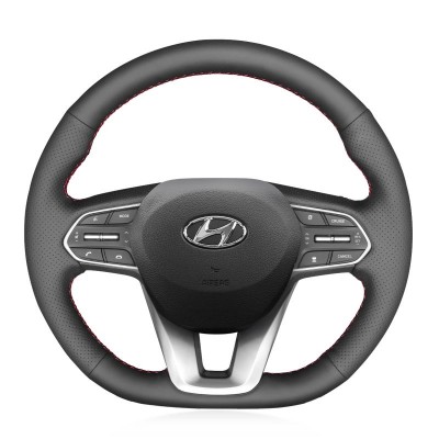 Loncky Auto Custom Fit OEM Black Genuine Leather Car Steering Wheel Cover for Hyundai Santa Fe 2019 2020 Accessories