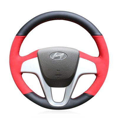 Loncky Auto Custom Fit OEM Black Genuine Leather Red Suede Car Steering Wheel Cover for Hyundai Solaris Verna 2010 2011 2012 2013 2014 2015 2016 i20 2009-2015 Accent 2012-2017