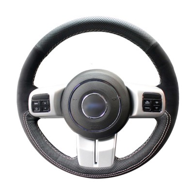 Loncky Auto Custom Fit OEM Black Genuine Leather Suede Car Steering Wheel Cover for Jeep Compass 2011-2017 / Jeep Patriot 2011-2017 / Jeep Wrangler 2011-2018 / Jeep Grand Cherokee Laredo 2011-2013 / Jeep Liberty 2011 2012 Accessories
