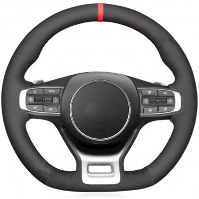 Loncky Custom Fit Hand Stitched Car Black Genuine Leather Suede Carbon Fiber Steering Wheel Cover for Kia K5 GT GT-Line Sedan 2021 2022 / Kia Optima Interior Accessories