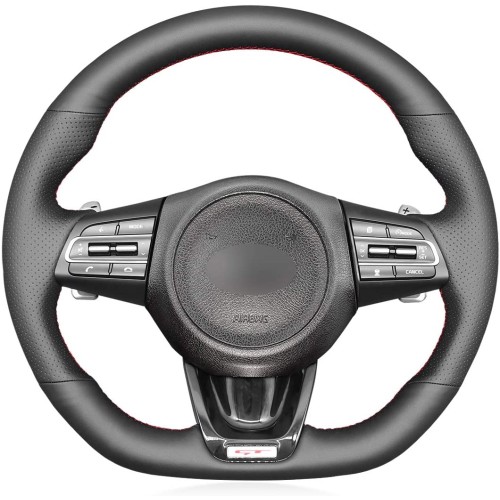 Loncky Custom Fit Hand Stitched OEM Black Genuine Leather Suede Carbon Fiber Steering Wheel Cover for Kia Stinger GT GT1 GT2 GTS Stinger GT-Line 2018 2019 2020 2021 2022 Car Interior Accessories