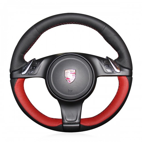 Loncky Auto Custom Fit OEM Black Red Genuine Leather Car Steering Wheel Cover for Porsche 911 Porsche Boxster Porsche Cayenne Porsche Panamera Porsche Cayman Accessories