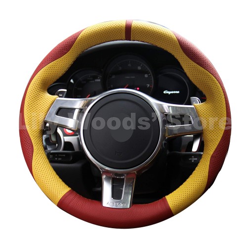 Loncky Auto Custom Fit OEM Red Yellow Genuine Leather Car Steering Wheel Cover for Porsche Boxster Porsche 911 Porsche Cayenne Porsche Cayman Porsche Panamera Accessories