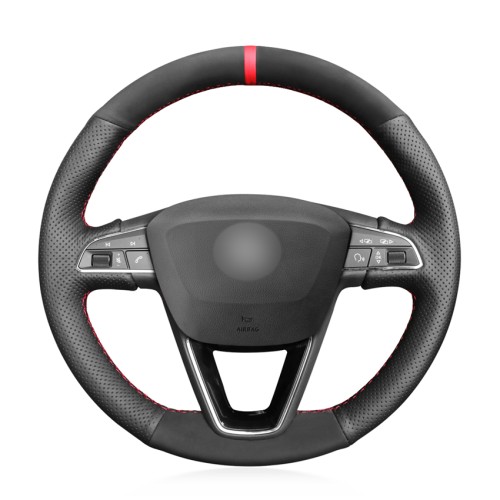 Loncky Auto Custom Fit OEM Black Genuine Leather Suede Car Steering Wheel Cover for Seat Leon 5F Mk3 2013-2019 Seat Ibiza 6J 2016- 2019 Seat Arona 2018-2019 Seat Alhambra 2016-2019 Accessories
