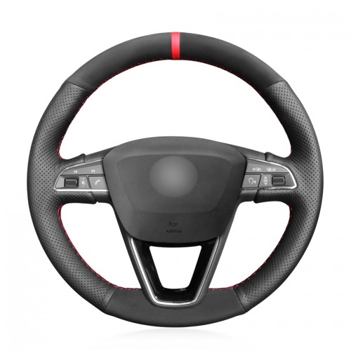 Loncky Auto Custom Fit OEM Black Genuine Leather Suede Car Steering Wheel Cover for Seat Leon 5F Mk3 2013-2019 Seat Ibiza 6J 2016- 2019 Seat Arona 2018-2019 Seat Alhambra 2016-2019 Accessories