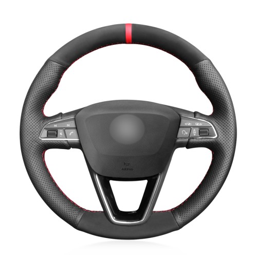 Loncky Car Custom Fit OEM Black Genuine Leather Suede Steering Wheel Cover for Seat Leon 5F Mk3 2013-2019 / Ibiza 6J 2016-  2019 / Tarraco 2019 / Arona 2018-2019 / Ateca 2016-2019 / Alhambra 2016 2019