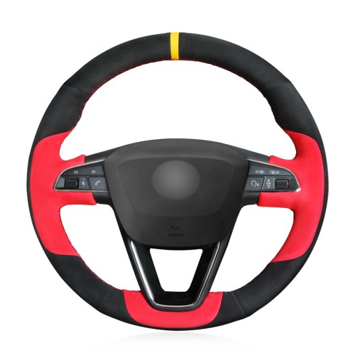 Loncky Auto Custom Fit OEM Black Red Suede Car Steering Wheel Cover for Seat Leon 5F Mk3 2013-2019 / Ibiza 6J 2016-  2019 / Tarraco 2019 / Arona 2018-2019 / Ateca 2016-2019 / Alhambra 2016 2019