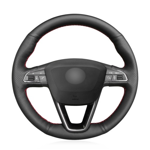Loncky Auto Custom Fit OEM Black Genuine Leather Car Steering Wheel Cover for Seat Leon 5F Mk3 2013-2019 / Ibiza 6J 2016-  2019 / Tarraco 2019 / Arona 2018-2019 / Ateca 2016-2019 / Alhambra 2016 2019