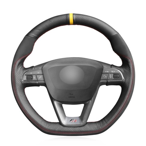 Loncky Auto Custom Fit OEM Black Genuine Leather Suede Car Steering Wheel Cover for Seat Leon Cupra R 2013-2019 / Leon ST Cupra 2013-2019 / Ateca Cupra 2016-2019 / Ateca FR 2016-2019 / Ibiza Cupra 2016-2019 Accessories
