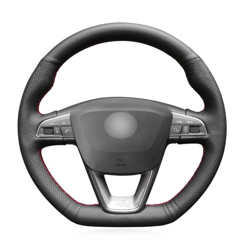 Loncky Auto Custom Fit OEM Black Genuine Leather Car Steering Wheel Cover for Seat Leon Cupra R 2013-2019 / Leon ST Cupra 2013-2019 / Ateca Cupra 2016-2019 / Ateca FR 2016-2019 / Ibiza Cupra 2016-2019 Accessories
