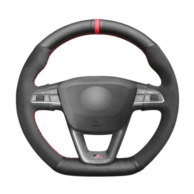 Loncky Auto Custom Fit OEM Black Genuine Leather Suede Car Steering Wheel Cover for Seat Leon Cupra R 2013-2019 / Leon ST Cupra 2013-2019 / Ateca Cupra 2016-2019 / Ateca FR 2016-2019 / Ibiza Cupra 2016-2019 Accessories