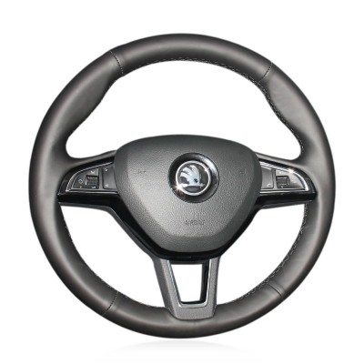 Loncky Auto Custom Fit OEM Black Genuine Leather Car Steering Wheel Cover for Skoda Octavia 2017 Skoda Fabia 2016 2017 Skoda Rapid Skoda Spaceback 2016 Skoda Superb 2016 Accessories