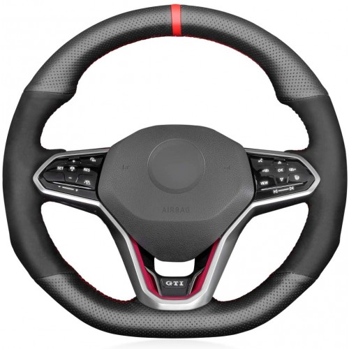 Loncky Custom Fit Black Genuine Leather Suede Car Steering Wheel Cover for Volkswagen VW Golf 8 MK8 GTI VW Golf GTE 2020 2021 Volkswagen Arteon R-Line 2021 Accessories 