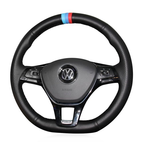 Loncky Auto Custom Fit OEM Black Genuine Leather Car Steering Wheel Cover for Volkswagen VW Golf 7 Mk7 New Polo Jetta Passat B8 Tiguan Sharan Touran 2016 2017 Up Accessories