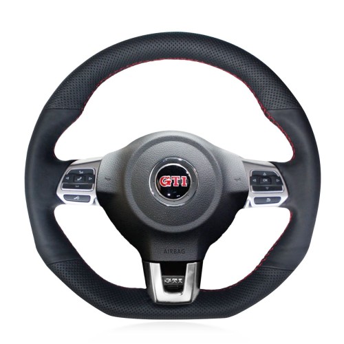 Loncky Auto Custom Fit OEM Black Genuine Leather Car Steering Wheel Cover for Volkswagen VW GTI 2010-2014 / VW Jetta GLI 2012-2014 / VW Golf R 2012 2013 / VW Tiguan R-Line 2014 2015 2016 Accessories