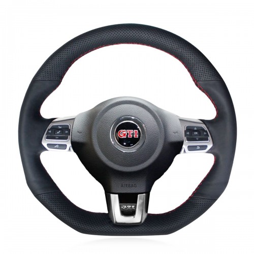 Loncky Auto Custom Fit OEM Black Genuine Leather Car Steering Wheel Cover for Volkswagen VW GTI 2010-2014 / VW Jetta GLI 2012-2014 / VW Golf R 2012 2013 / VW Tiguan R-Line 2014 2015 2016 Accessories