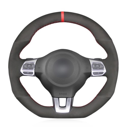Loncky Auto Custom Fit OEM Black Suede Leather Car Steering Wheel Cover for Volkswagen VW GTI 2010-2014 / VW Jetta GLI 2012-2014 / VW Golf R 2012 2013 / VW Tiguan R-Line 2014 2015 2016 Accessories