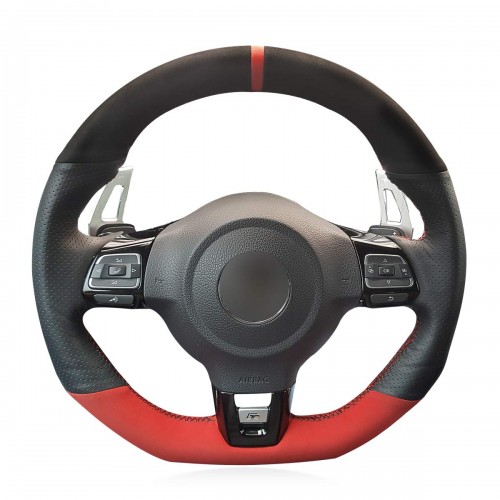 Loncky Auto Custom Fit OEM Black Genuine Leather Black Red Suede Steering Wheel Cover for 2010-2014 Volkswagen VW GTI / 2012-2014 VW Jetta GLI / 2012 2013 VW Golf R / 2014 2015 2016 VW Tiguan R-Line Accessories