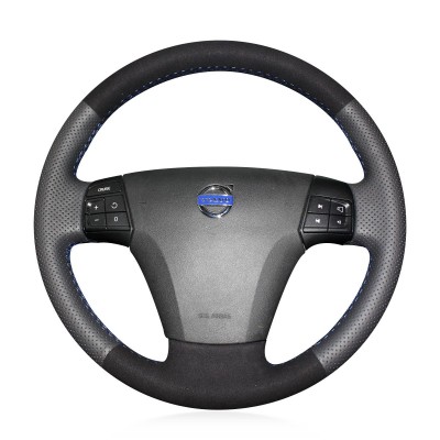 Loncky Auto Custom Fit OEM Black Genuine Leather Suede Car Steering Wheel Cover for Volvo S40 2006 2007 2008 2009 2010 2011 2012 Volvo V50 2005-2011 Accessories