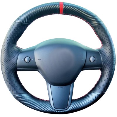 Loncky Black Genuine Leather Carbon Fiber Steering Wheel Cover for Tesla Model 3 Sedan 2017 2018 2019 2020 2021 / Model Y SUV 2020 2021 Car Custom FIt Hand Stitched Interior Accessories