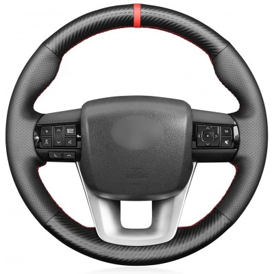 Loncky Auto Custom Fit OEM Black Genuine Leather Suede PU Carbon Fiber Steering Wheel Cover for Toyota Hilux Revo 2015 2016 2017 2018 2019 2020 2021 Fortuner 2015-2021 Interior Accessories